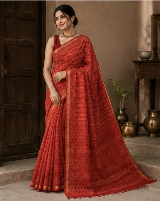 Pure Red Block Print Kota Doria Saree