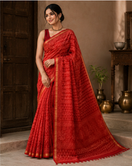 Pure Red Block Print Kota Doria Saree