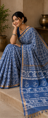 Pure Blue Block Print Kota Doria Saree
