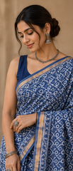 Pure Blue Block Print Kota Doria Saree