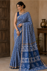 Pure Blue Block Print Kota Doria Saree