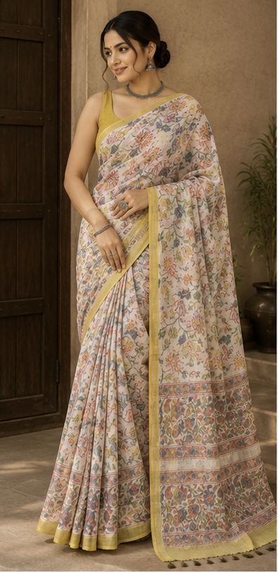 Pure Cream Multiflowers Block Print Kota Doria Saree