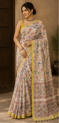 Pure Cream Multiflowers Block Print Kota Doria Saree
