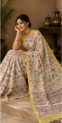 Pure Cream Multiflowers Block Print Kota Doria Saree