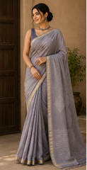 Pure Steel Grey Block Print Kota Doria Saree