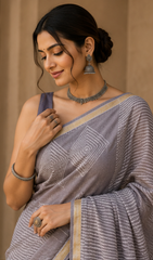 Pure Steel Grey Block Print Kota Doria Saree
