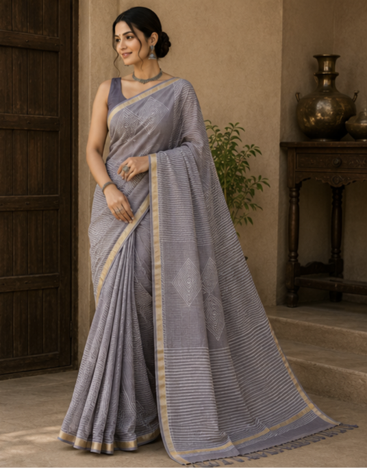 Pure Steel Grey Block Print Kota Doria Saree