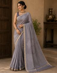 Pure Steel Grey Block Print Kota Doria Saree
