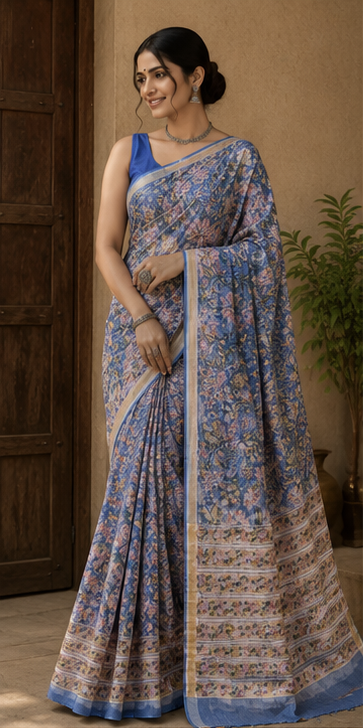 Pure Blue Flowers Block Print Kota Doria Saree