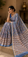 Pure Blue Flowers Block Print Kota Doria Saree