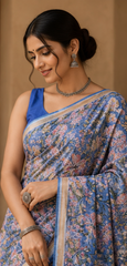 Pure Blue Flowers Block Print Kota Doria Saree
