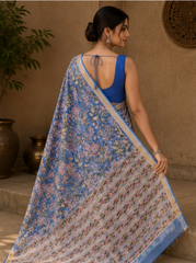 Pure Blue Flowers Block Print Kota Doria Saree