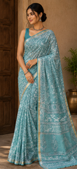 Pure Sky Blue Block Print Kota Doria Saree