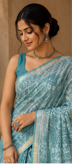 Pure Sky Blue Block Print Kota Doria Saree