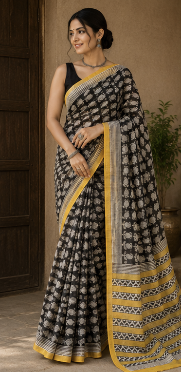 Pure Black Carrie Block Print Kota Doria Saree
