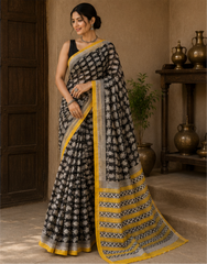 Pure Black Carrie Block Print Kota Doria Saree
