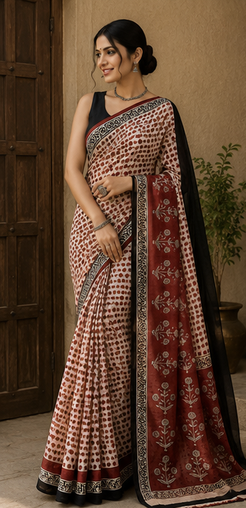 Pure Cream red Dots Block Print Kota Doria Saree