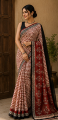 Pure Cream red Dots Block Print Kota Doria Saree
