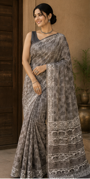 Pure Grey Block Print Kota Doria Saree
