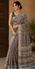 Pure Grey Block Print Kota Doria Saree