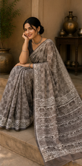 Pure Grey Block Print Kota Doria Saree
