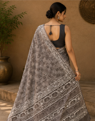 Pure Grey Block Print Kota Doria Saree
