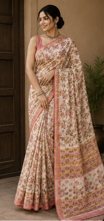Pure Pink Multi Block Print Kota Doria Saree