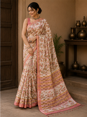 Pure Pink Multi Block Print Kota Doria Saree