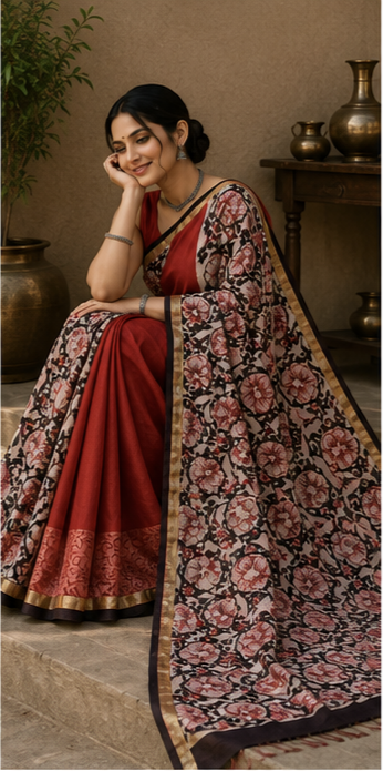 Pure Red Multi Block Print Kota Doria Saree