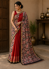 Pure Red Multi Block Print Kota Doria Saree