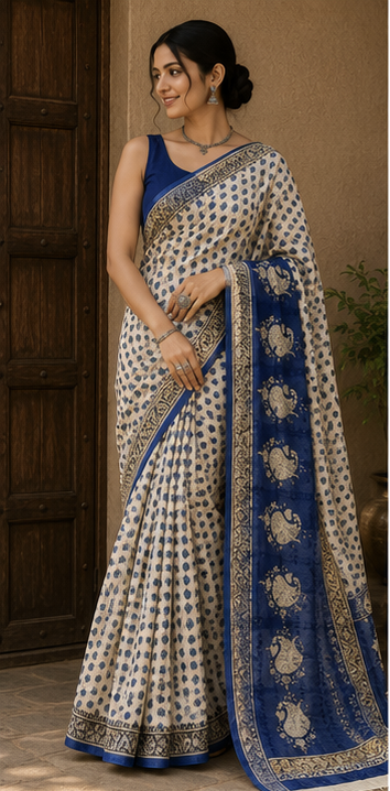 Pure Blue polka Block Print Kota Doria Saree