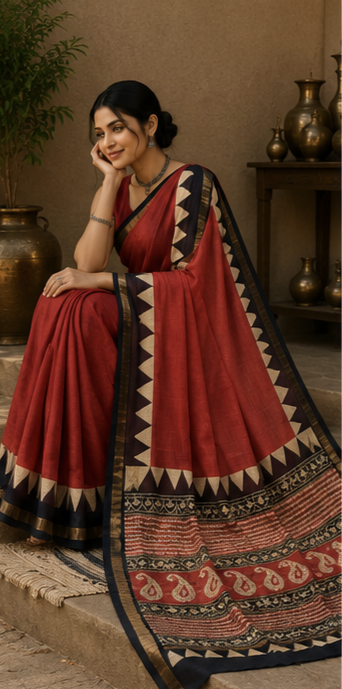 Pure Red Border Block Print Kota Doria Saree