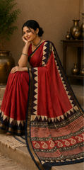 Pure Red Border Block Print Kota Doria Saree