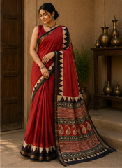 Pure Red Border Block Print Kota Doria Saree