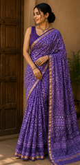 Pure Violet Block Print Kota Doria Saree