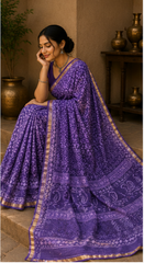 Pure Violet Block Print Kota Doria Saree