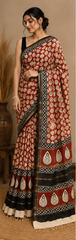 Pure Brick Red Block Print Chanderi Silk Saree