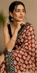 Pure Brick Red Block Print Chanderi Silk Saree
