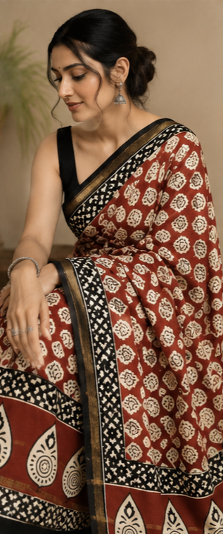 Pure Brick Red Block Print Chanderi Silk Saree