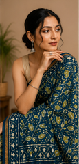 Pure Peacock Blue Block Print Chanderi Silk Saree