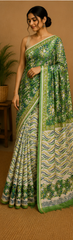 Pure Olive Block Print Chanderi Silk Saree