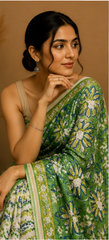 Pure Olive Block Print Chanderi Silk Saree