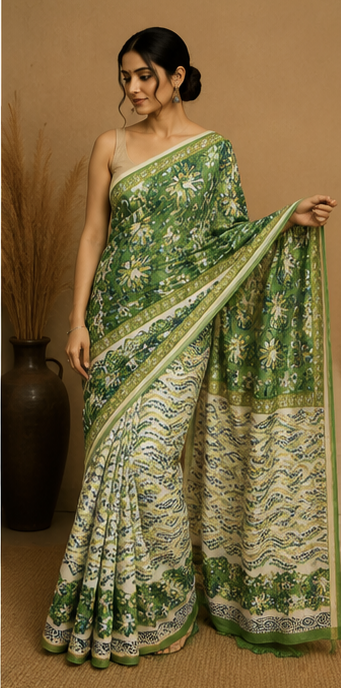 Pure Olive Block Print Chanderi Silk Saree