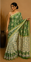 Pure Olive Block Print Chanderi Silk Saree