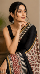 Pure Black Block Print Chanderi Silk Saree