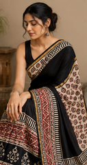 Pure Black Block Print Chanderi Silk Saree