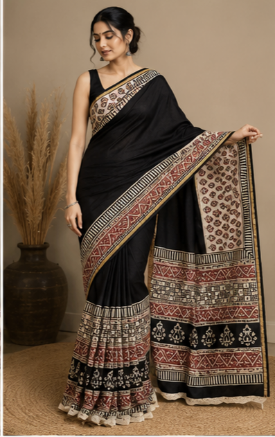 Pure Black Block Print Chanderi Silk Saree
