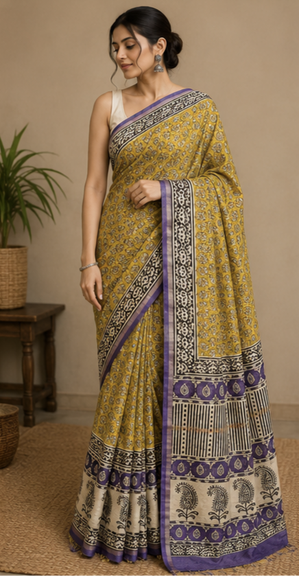 Pure Mustard Block Print Chanderi Silk Saree