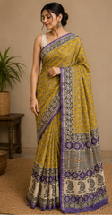 Pure Mustard Block Print Chanderi Silk Saree