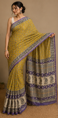 Pure Mustard Block Print Chanderi Silk Saree